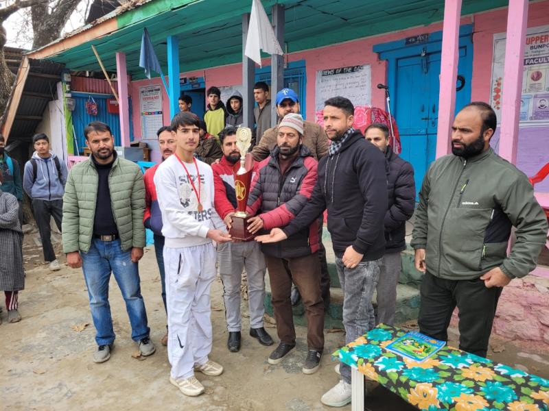 
Zonal level U-14 boys  cricket tournament which was inaugurated in the month of  november at GMS Bunpora Trehgam concluded successfully on Thursday.Around 88 players from 8 Middle schools took part in the tournament.Today final match was played between HAGS Trehgam  and Al Hudda school Hayan.HAGS  School Trehgam beat  Al Hudda school by a very big margin and won the title.Towfeeq  from  HAGS TREHGAM hit a brilliant knock of quick 39 runs and took 3 wickets and later was adjusted as man of the match.The final match was played at GMS Trehgam on which headmaster Of GMS Trehgam Mr Ab Hamid Mir was guest of honour and other teachers were present.He handed over trophy and medals among the Players of Hags Trehgam. 